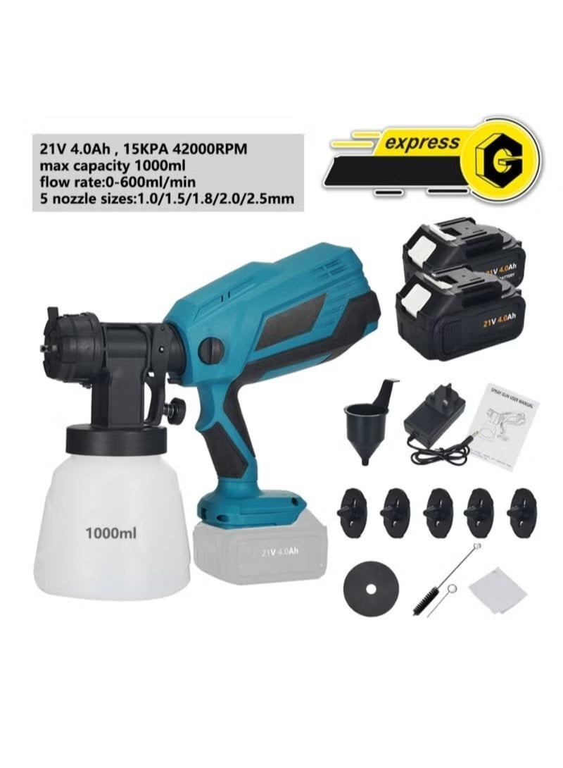 ALongDeng 21V Cordless Paint Sprayer with 2 Batteries 1000ml Electric Paint Spray Gun with 5 Nozzles  3 Patterns High Pressure Spray Gun for Furniture Walls and Home Painting - Image 2